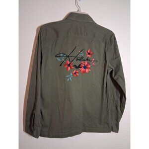 Hollister Embroidered Denim Jean Jacket Boho Floral Retro Y2K Grunge Green Sz XS